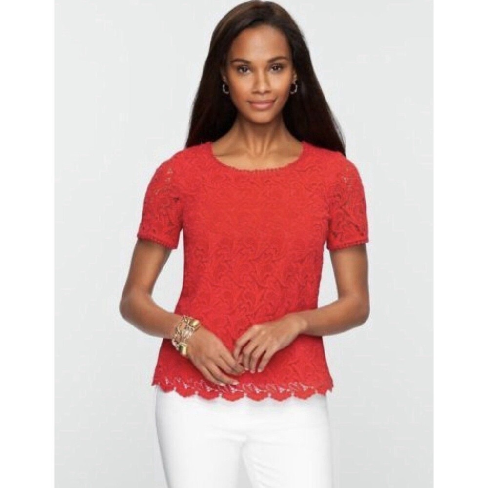 Talbots Petites Womens 8P Short Sleeve Blouse Side Zip Red Lace Scalloped Hem